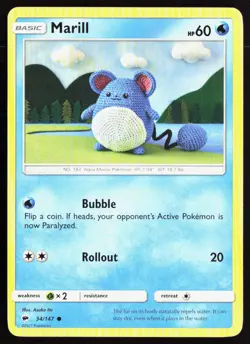 Marill 34/147 Common 2017 Burning Shadows Asako Ito art Pokemon MP - Image 1