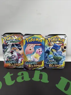 Pokemon TCG Sun & Moon Cosmic Eclipse Booster Pack Lot Of 3 Blastoise Piplup Art - Image 1