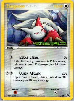 Pokemon TCG Zangoose Rare Reverse Holo Emerald 21/106 MP - Image 1