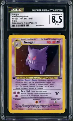 1999 Pokemon Fossil 1st Ed Gengar Incomplete Holo Pattern Error Rare #5 CGC 8.5 - Image 1