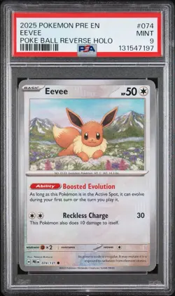 2025 POKEMON PRE EN-PRISMATIC EVOLUTIONS POKE BALL REVERSE HOLO #074 EEVEE PSA 9 - Image 1