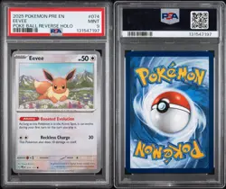 2025 POKEMON PRE EN-PRISMATIC EVOLUTIONS POKE BALL REVERSE HOLO #074 EEVEE PSA 9 - Image 3