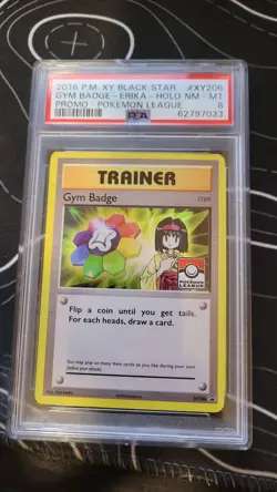 PSA 8 - ERIKA GYM BADGE XY206 - POKEMON LEAGUE - Foil Black Star Promo✨ - Image 1