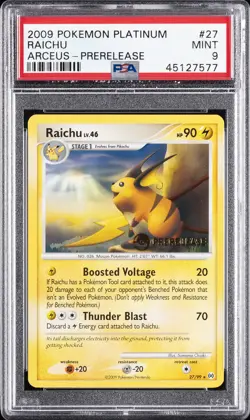 2009 POKEMON PLATINUM ARCEUS PRERELEASE #27 RAICHU PSA 9 - Image 1