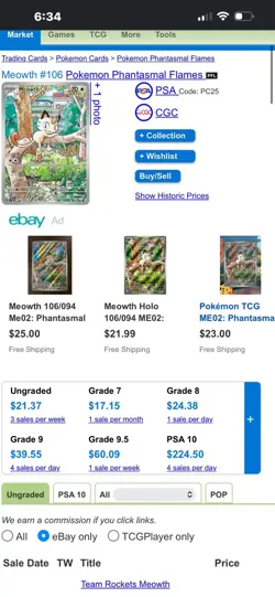 The Pokemon Company Meowth 106/094 Phantasmal Flames IR Holo Eng PSA 8 - Image 3
