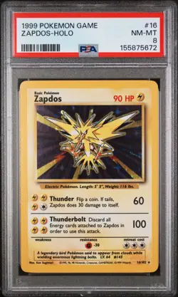 ZAPDOS 1999 POKEMON BASE SET HOLO #16/102 PSA 8 - Image 1