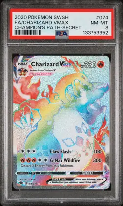 2020 POKEMON SWORD & SHIELD CHAMPION'S PATH #074 FA/CHARIZARD VMAX SECRET PSA 8 - Image 1