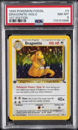 PSA 8 DRAGONITE 4/62 | Fossil 1st Edition WOTC Holo Pokemon Card - Image 1