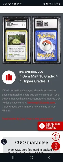 (POP 4) CGC 10 GEM MINT Root Fossil Pokemon Ex Holo Phantoms 93/110 STAMPED Card - Image 5