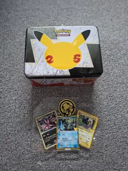 Pokemon 25th Celebrations Treasure Chest Lunch Box Tin and Promo cards 820650809415 - Image 1