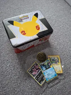 Pokemon 25th Celebrations Treasure Chest Lunch Box Tin and Promo cards 820650809415 - Image 2