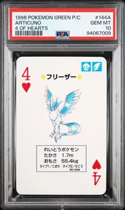 1996 POKEMON GREEN VERSION PLAYING CARDS 4 OF HEARTS #144A ARTICUNO PSA 10 - Image 1