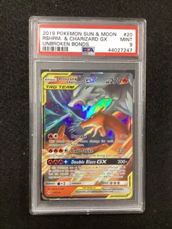 PSA 9 Pokemon TCG 2019 Sun & Moon Unbroken Bonds #20 Reshrm. & Charzrd.Gx - Image 1