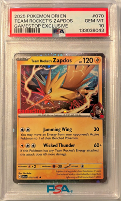 Team Rocket's Zapdos #70 Gamestop Exclusive Promo DRI EN Pokemon 2025 PSA 10 - Image 1