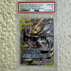 2019 Pokemon Pikachu & Zekrom GX SM168 Full Art Promo PSA 5 Tag Team - Image 1