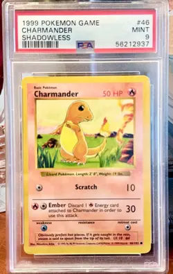Authentic 1999 Pokemon CHARMANDER SHADOWLESS #46 PSA 9 Mint - Image 1