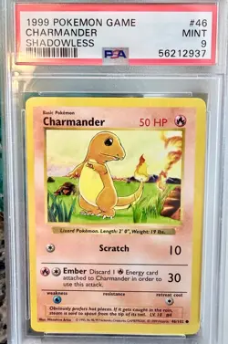 Authentic 1999 Pokemon CHARMANDER SHADOWLESS #46 PSA 9 Mint - Image 3