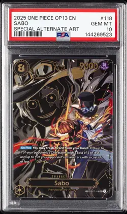 2025 ONE PIECE OP13-CARRYING ON HIS WILL SPECIAL ALTERNATE ART #118 SABO PSA 10 - Image 1