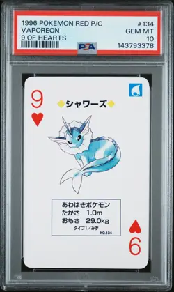 1996 Pokemon Red/Charizard Poker Card Vaporeon 9 of Hearts PSA 10 - Image 1