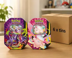 Pokemon MEGA MOONLIT TINS - Gengar & Clefable - SEALED CASE OF 6 TINS - PRE SALE - Image 1