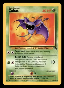 Zubat 57/62 Common Fossil Pokemon Unlimited Lightly Played - Image 1