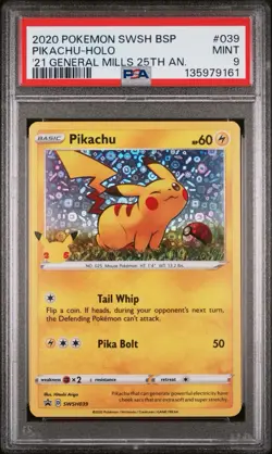PIKACHU '21 General Mills Pokemon 25th Anniversary Holo SWSH039 PROMO PSA 9 - Image 1