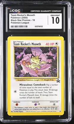 CGC 10 GEM MINT Team Rocket's Meowth 18 Wotc Black Star Promo Pokemon Card - Image 1