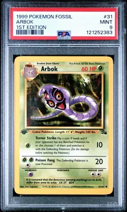 1999 Pokemon Fossil Arbok #31 1st Edition PSA 9 - Image 1