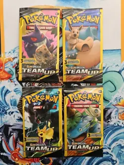 Pokemon Sun and Moon Team Up 3 Card Mini Booster Packs Complete Art Set Lot of 4 - Image 1