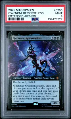 2025 MTG MARVEL'S SPIDER-MAN EXTENDED ART-FOIL #0256 GWENOM, REMORSELESS PSA 9 - Image 1
