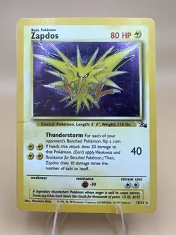 Pokemon TCG Zapdos Fossil Holo Unlimited Rare Card 15/62 Vintage 1999 WOTC MP - Image 1