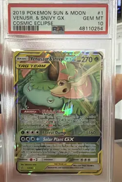 PSA 10 2019 POKEMON SUN & MOON #1 VENUSAUR & SNIVY GX COSMIC ECLIPSE Tag Team - Image 1