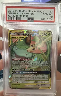 PSA 10 2019 POKEMON SUN & MOON #1 VENUSAUR & SNIVY GX COSMIC ECLIPSE Tag Team - Image 2