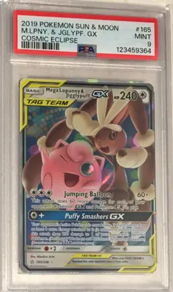 2019 Pokemon Cosmic Eclipse PSA 9 Mega Lopunny & Jigglypuff GX Ultra Rare #165 - Image 1