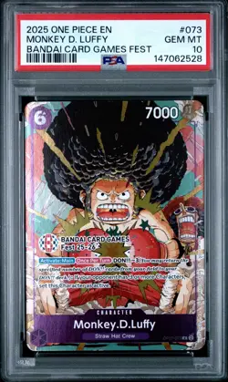 2025 ONE PIECE OP07-073 BANDAI CARD GAMES FEST 25-26 MONKEY D LUFFY PROMO PSA 10 - Image 1