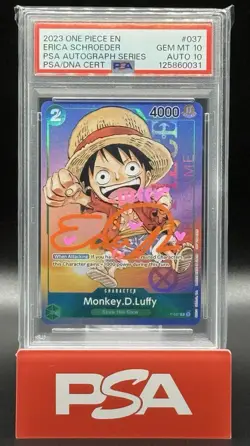 2023 ONE PIECE PROMOS #037 MONKEY D LUFFY FOIL PSA 10 ERICA SCHOEDER AUTO 10 - Image 1