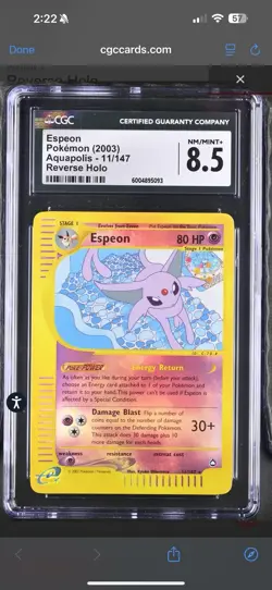 CGC 8.5 Espeon 11/147 Aquapolis 2003 Pokemon Card - Image 1