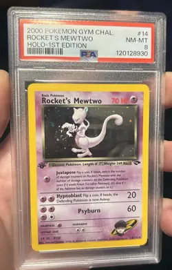 Rockets Mewtwo 1st Edition Gym Challenge SWIRL Card 14/132 PSA 8 Pokemon TCG - Image 1