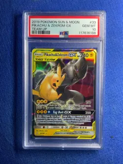 2019 POKEMON SUN & MOON TEAM UP #33 PIKACHU & ZEKROM GX PSA 10 - Image 1