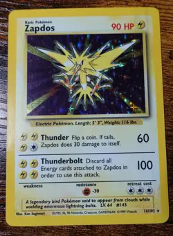 Zapdos 16/102 Holo Base Set Unlimited Holographic Rare Pokemon Card DMG - Dent - Image 1