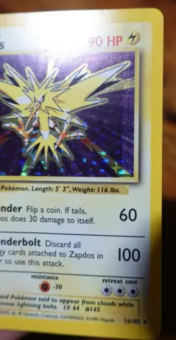 Zapdos 16/102 Holo Base Set Unlimited Holographic Rare Pokemon Card DMG - Dent - Image 4