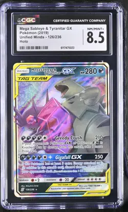 Pokemon Mega Sableye & Tyranitar GX Unified Minds Holo Ultra Rare #126 CGC 8.5 - Image 1
