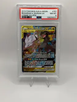 PSA 8 NM-MT Reshiram & Zekrom GX 157 Cosmic Eclipse Pokemon Card - Image 1