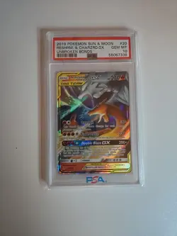 2019 POKEMON SUN & MOON UNBROKEN BONDS #20 RESHIRAM & CHARIZARD GX PSA 10 - Image 2