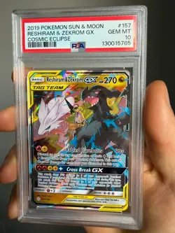 2019 POKEMON SUN & MOON COSMIC ECLIPSE #157 RESHIRAM & ZEKROM GX PSA 10 - Image 1