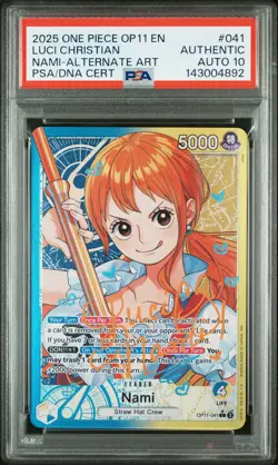 2025 ONE PIECE OP11-A FIST OF DIVINE SPEED #041 NAMI PSA AUTHENTIC AUTO 10 - Image 1
