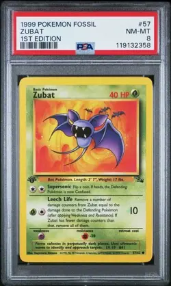 1999 POKEMON FOSSIL #57 ZUBAT 1ST EDITION PSA 8 NM-MT - Image 1
