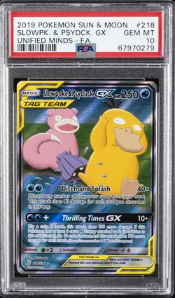 2019 POKEMON SUN & MOON UNIFIED MINDS #218 FULL ART/SLOWPOKE & PSYDUCK GX PSA 10 - Image 1