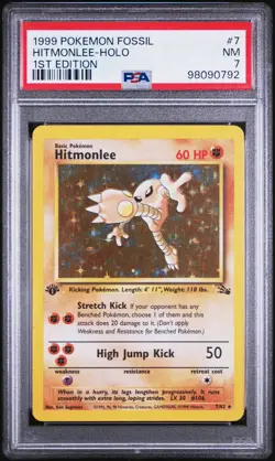 1999 Pokemon Fossil Hitmonlee #7 1st Edition Holo PSA 7 Near Mint NM WOTC Clean! - Image 1