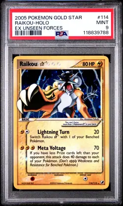 2005 POKEMON EX UNSEEN FORCES GOLD STAR #114 RAIKOU-HOLO PSA 9 - Image 1